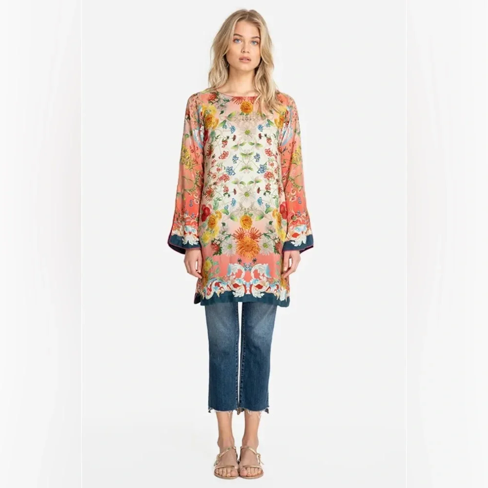 Johnny Was Coral Floral Silk Tunic with Teal & Cream Accents - Picture 2 of 16